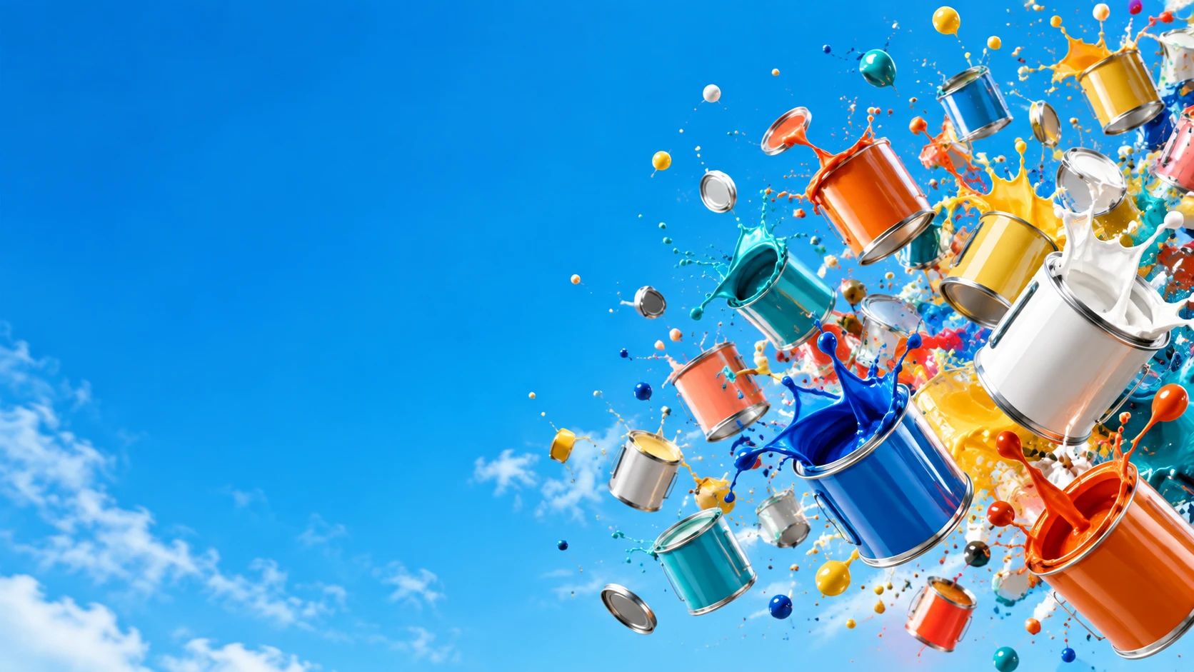 Farbeimer mit spritzender Farbe vor Himmel